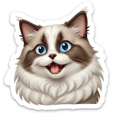 cinematic-adorable-big-eyed-fluffy-dark brown and white ragdoll-cat-portrait-emoji,-head-tilted-playfully-with-a-cute,-yawn,-soft-brown-and white-colored-fur-with-darker-points-on-the-ears,-simplified-yet-irresistibly-cute-features, sparkling blue eyes sticker