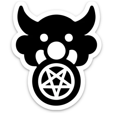 bold, simple black-filled icon symbol combining devil horns, clown nose, and pentagram, representing a group of devilish clown characters sticker