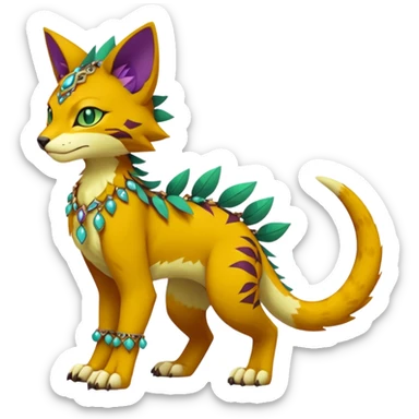 Kawaii cute reddish orangish yellowish greenish purplish exotic tribal beautiful pretty elegant divine edgy feline-vernid-sergal-Fakémon-Pokémon-Digimon-fursona-animal-creature with accessories, jewelries, full body, with intricate detailed markings sticker