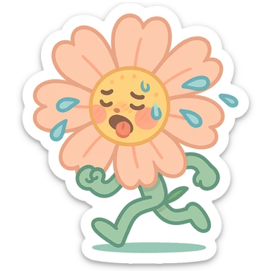 soft peach cosmos flower with a flushed, panting face doing exercise, sweat flying off in exaggerated style, gentle pastel palette, vibrant-toon style sticker
