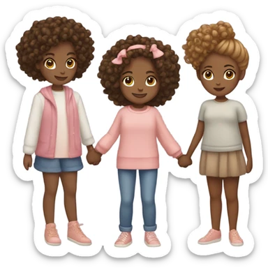 Full body, Two girls holding hands one brown skin one Carmel skin  one  with a curly bun and one feminine with curly hair sticker