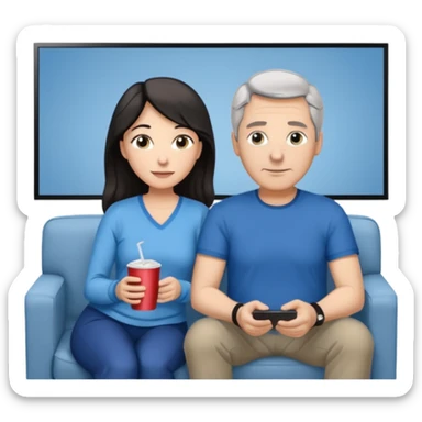 middle-aged couple Watches a movie in the living room • Physical description: • man: brown eyes; very short grayish-black hair • woman: Long wavy silver grayish-brown hair tied in a ponytail; blue eyes sticker