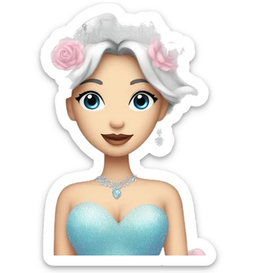 Gorgeous pastel Lady with black hair blue eyes in a sparkly shiny dress with tiara and necklace and flowers behind her and trending  sticker