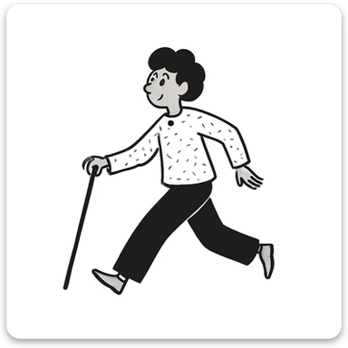 Change the walking pose of the elderly woman with short hair to a brisk walk. Keep the black doodle style look in mind while editing. sticker