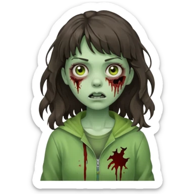 Wavy bangs Brunette zombie girl in horror zombie green  sticker