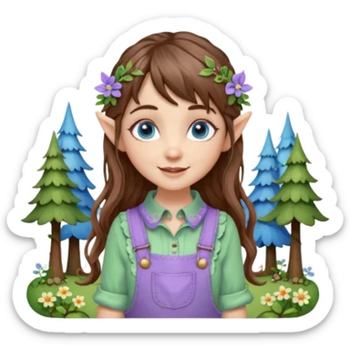 Kind happy whimsical quirky Girl toymaker, wood carving elf. Woodland nature creator. Blue eyes. brown hair (short — inch longer than chin length) wavy hair & bangs. Whimsical playful cute. Overalls with nature embroidered cute shirt collar. Light green, light purple and light blue colour aesthetic  sticker
