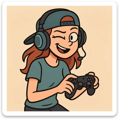cool gamer girl with headphones and a cap, cartoon style, playful expression sticker
