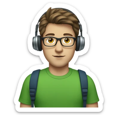 white young man with medium brown hair and square glasses and blue eyes wearing green t-shirt with laptop and headphones sticker
