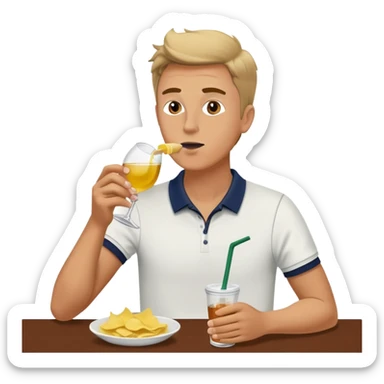A white man eating salt and vinegar chips drinking wine in a tennis outfit in a starbucks sticker