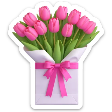 a bouquet of pink tulips in a white paper bag tied with a pink ribbon, 3D iOS emoji style, pastel pinks and lavenders, softest shadows, clean and airy look sticker