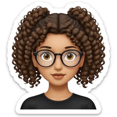 un chica con pelo rizado tiene hecha una coleta y con dos rizos sueltos en la parte de alante que le llega hasta el cuello. luego pil un poco morena ojos marrones y tiene gafas negras y son exagonales pero un poco redondeadas. sticker