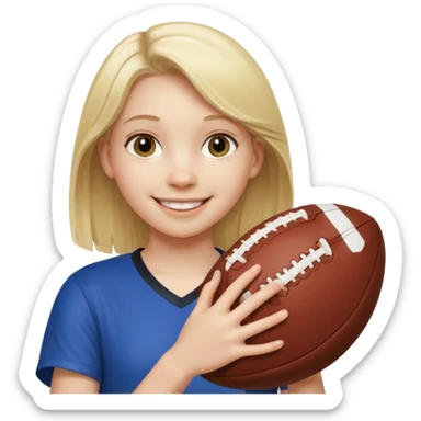 A girl with light blonde hair that looks around 13 years old with a football sticker