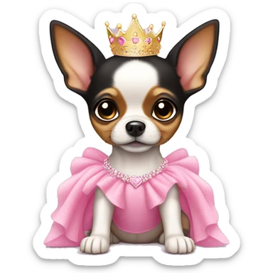 black & tan chihuahua puppy wearing a pink princess dress sticker