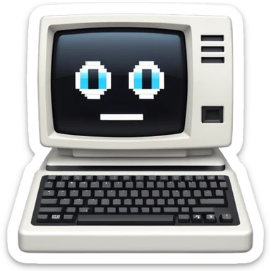 White and black 80s computer with face sticker