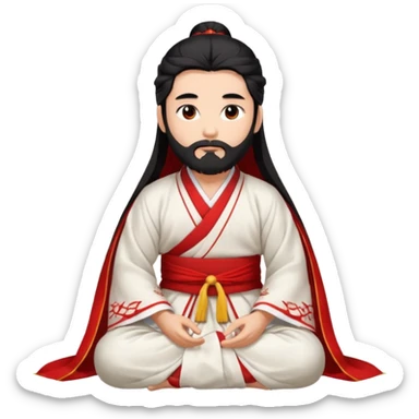 Beautiful man with lightly tan skin and dark long beard, long hair, in red and white Hanfu sitting on the ground sticker