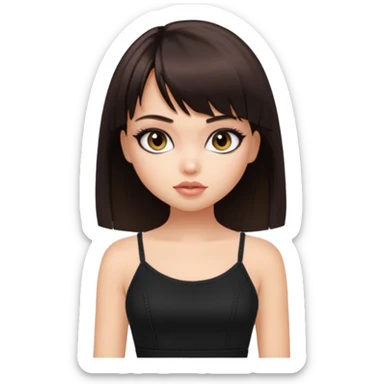 generate a pretty bratz girl in black cami top, dark brown straight bob hair with bangs, eyeliner on, sticker