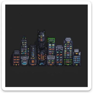 Pixel art night scene of Gotham City. Dark, moody street with a flickering lamppost, trash bins, and a few shadowy human silhouettes. Gritty atmosphere, subtle lighting, cinematic noir vibe. sticker