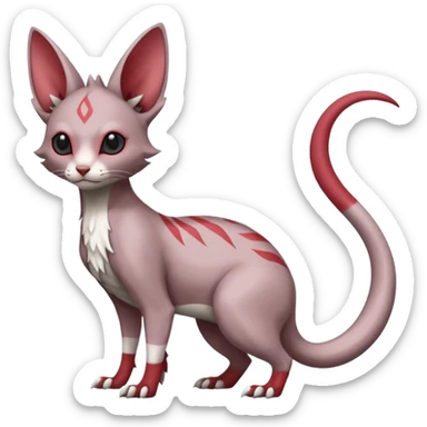 Minccino-Lykoi-Emolga-Sphynx-Linoone-Zangoose-fusion-hybrid-animal-Fakémon-creature, full body, thin long sleek scaly tail, intricate markings sticker