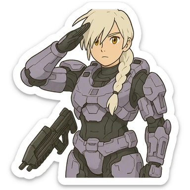 standing salute, weapons-at-arms, female, wearing reach spartan armor shoulder-unequip, long white braid hair with massive messy front side single bangs, gold yellow eyes, attention pose, D-cup size, HALO:series, no helmet, the armor is lavender color scheme, sticker