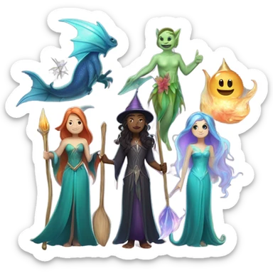 A group of 5 friends, consisting of a female witch, a female wizard, a male merman, a female fairy, and a female siren sticker