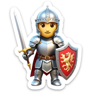 Clash of Clans aesthetic: Cinematic Playful Armored Knight Hero Emoji, rendered in a 3D vector-style similar to standard emojis with minimal shading and bold, simplified shapes. A compact, isometric warrior clad in gleaming plate armor with intricate heraldic details, softly glowing with a chivalrous medieval charm. Simplified yet unmistakably iconic, highly detailed and consistent, glowing with a soft radiant shine and high polish. Stylized with a touch of noble valor and a soft glowing outline, capturing the essence of a gallant knight ready for honorable battle with a friendly, playful manner! sticker