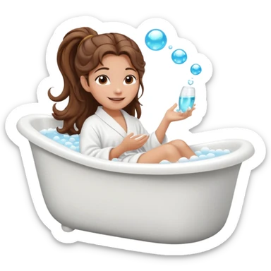girl with wavy long ponytail brown hair, brown eyes, light to medium complexion, long lashes, lying full body in a white bathtub with bubbles with one foot out of the tub, side view sticker