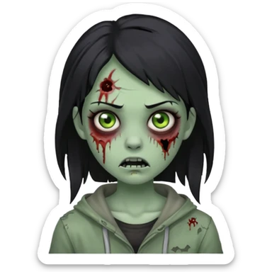 zombie girl with black hair, tattered clothes, horror zombie green sticker