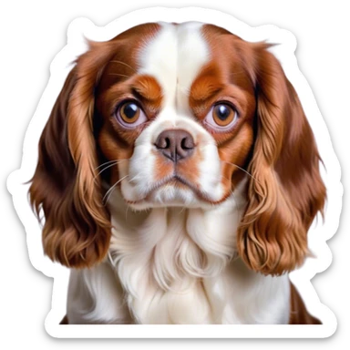 Cinematic Meme-Worthy Grumpy Blenheim Cavalier King Charles Spaniel Portrait Emoji, Head held high but eyes filled with dramatic disappointment, smooth Blenheim coat with striking chestnut and white patches, deeply furrowed brow forming an unmistakable scowl, floppy ears slightly angled back in disapproval, piercing brown eyes glaring with pure exasperation, Simplified yet hilariously over-exaggerated features, highly detailed, glowing with an aura of supreme annoyance, high shine, exhausted yet judgmental, stylized with an almost regal pettiness, bright but brooding, soft glowing outline, capturing the essence of a companion that has seen it all and is thoroughly unimpressed, so meme-worthy it feels like it could instantly become the next viral sensation of grumpiness! sticker