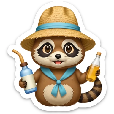 japanese tanuki with straw hat and sake bottle sticker