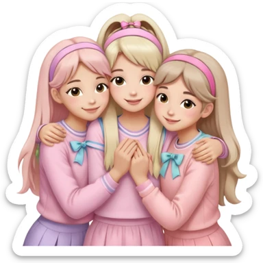 Four girls hugging each other, all wearing soft pink clothes, two with long hair and two with shoulder-length short hair, smiling, with hair accessories like headbands or ribbons, pastel color palette, soft shading, make someone pose with two fingers and someone kisses his cheek sticker