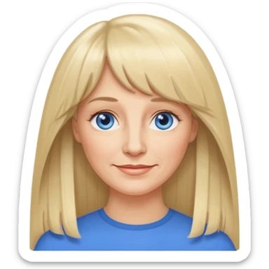 50 yr old white woman, curtain bangs, very long straight blond hair, oval face, small smile, blue eyes, thin face, hair down to elbows sticker