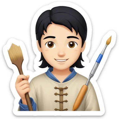 happy painter apprentice with black hair drawing, medieval age sticker