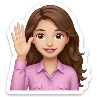 girl with wavy long brown hair, brown eyes, light to medium complexion, long lashes, light pink lipstick, wearing light pink shirt, smiling, hand covering eyes sticker