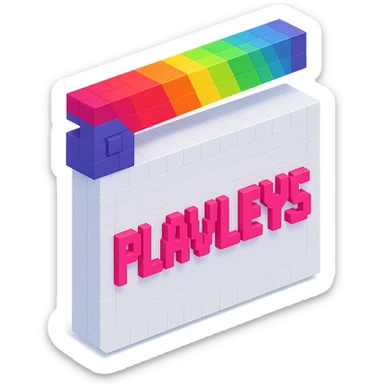 voxel style movie clapperboard, white body, colorful lid, pink text 'PLAVLEYS', isometric view sticker