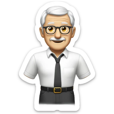 An elderly English man with a kind and dignified appearance, wearing thin-framed glasses. He has neatly combed grey hair and a clean-shaven face with no moustache or beard. He is dressed in a crisp white smart polo shirt with black buttons, sticker