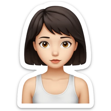 A pretty girl with dark brown eyes and short wavy dark hair with short side bangs and a neutral expression, with chinita skin and a white tank top(not sleeveless)emoji sticker