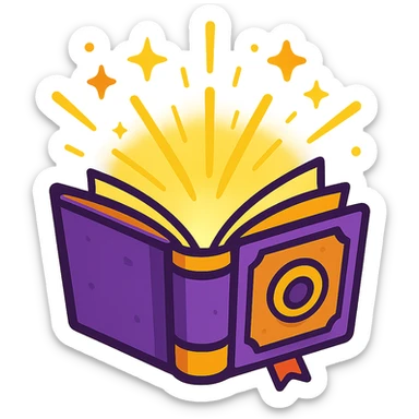 animated icon of a spellbook opening with sparkles and light, whimsical and enchanting sticker