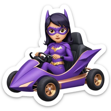 Hot full size real-appearance racing action BatGirl’s Lego feminine midnight-purple tight outfit sixty’s tv show 1992 stealthy retro sporty petite off-road pursuit hovering hover cruiser car rose gold accents (black hair,reclined and relaxed seating position) go kart sticker