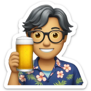 Japanese wearing glasses alohashirt is holding beer sticker