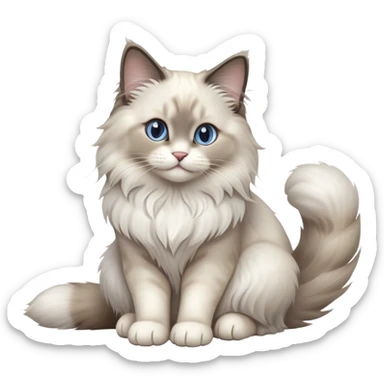 cinematic-[Ragdoll cat]-realistic-full-body-sitting-emoji,-tail-curled-playfully-around-its-paws,-head-tilted-dramatically,-fluffy-[grey ragdoll cat]-fur,-simplified-yet-realistic-focused-features,-highly-detailed,-glowing-with-an-almost-sarcastic-glow sticker