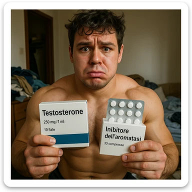 muscular young man with puffy face holding a box labeled 'Testosterone' and a pill package labeled 'Inibitore dell'aromatasi', all text in Italian, worried expression, realistic details, messy room background, 4K quality sticker