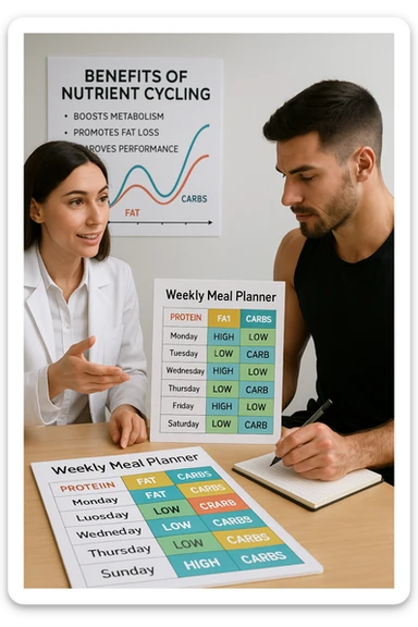 a nutritionist explains to an athlete how to cycle macronutrients for fat loss and training. On the desk, a weekly meal planner shows alternating high-carb and low-carb days, with color-coded sections for proteins, fats, and carbs. The athlete takes notes, and a chart in the background illustrates the benefits of nutrient cycling. The mood is professional and educational. scritto in italiano sticker