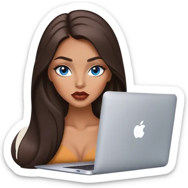 Glamours tanned very beautiful girl with big pump lips and dark chocolate straight smooth long hair, blue-grey eyes with MacBook sticker