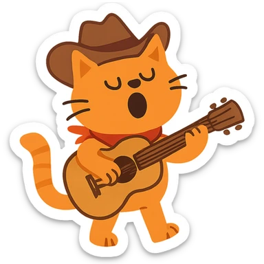 flat toon Yodeling orange cowboy cat strumming an acoustic guitar  sticker