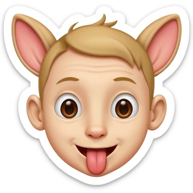 a boy with small eyes with big human ears and with his tongue out sticker