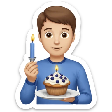 Make a white man with brown hair wearing a shirt that says happy b day Virginia holding a blueberry muffin with a birthday candle in it. Have him holding multiple muffins and no candles in hand sticker