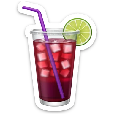 maroon purple cocktail with a lime wedge in the drink in a plastic cup with lid and straw

 sticker