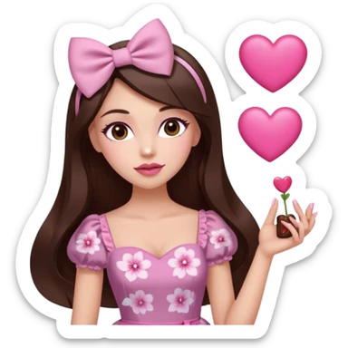 Chocolate brown clothes emoji, inspired with brunette hair, brown eyes, long hair, heart shape lips and pink make up  and pink nails, mauve pink blush and floral pink dress, half up hair with white bow peaking on the sides, white heels  sticker