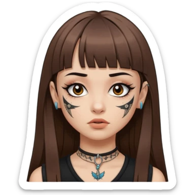 Alternative girl with long straight brown hair and micro bangs and a throat tattoo sticker