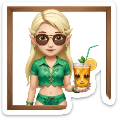 elf female legolas portrait, patterned board shorts (geometric/abstract), unique wooden-framed sunglasses, undercut hairstyle, slight smirk, visible pointy ears, no background, centered emoji, hipster summer vibe coctails  sticker